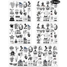 192 Pieces Bad Two The Bone Black and White Temporary Tattoos Stickers,20 Sheets 2nd Birthday Skeleton Themed Tattoos Stickers Party Decoration Supplies Party favors
