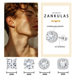Zankulas Cubic Zirconia Stud Earrings for Women Mens Earrings Hypoallergenic Sterling Silver Post Square CZ Studs Set Silver