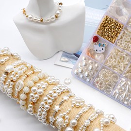 Pearl Set White Faux Pearls with Hole for Jewellery White Beads for Threading Shaped Faux Pearls White Set with Storage Box for Jewellery Making with Hole Pearl Necklace for Jewellery Making