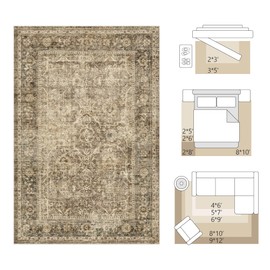 FMFUNCTEX 5x7 Washable Area Rug Neutral Vintage Brown Non Slip Low Pile Traditional Indoor Carpet for Living Room Bedroom Soft Retro Floral Mat Throw Rug for Dining Office Kitchen Dorm Entryway