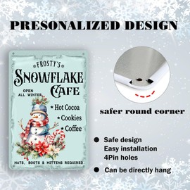 Christmas Frosty's Snowflake Cafe Metal Tin Sign Open All Winter Hot Cocoa Vintage Retro Decor Poster Farmhouse Cafe Kitchen Home Coffee Shop Wall Decor 8x12 inch