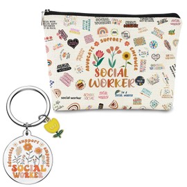 JFEHBFL 2Pcs Social Worker Gifts Set for Women, Social Worker Makeup Bag, Keychain Inspirational Gift, Birthday Thanksgiving Graduation Gifts for Female Teacher Colleague Friend