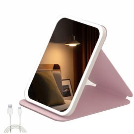 suonee 10 Inch HD Makeup Mirror with LED Lights, Portable Folding Travel Mirror, PU Leather Case, Rechargeable Dimmable Vanity Mirror for Professional Makeup Artist, Home (Pink)