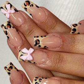 24Pcs Medium Press on Nails Square Fake Nails Leopard French Tip Acrylic Nails Full Cover Bow False Nails Reusable Nude Pink Stick on Nails Artificial Glue on Nails for Women Manicure Supplies