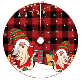 ARTXZDZ Christmas Tree Skirt 48 inch - Cartoon Santa Snow Claus Xmas Tree Ornaments - Soft Plush Red and Black Plaid Tree Skirt - Perfect Holiday Decor for Festive Celebrations
