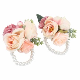 Pulseras de Ramillete de Muñeca, Ramillete de Muñeca para Novia Dama de Honor Flores Artificial Decoración para Bodas Bailes Fiestas de Graduación Regreso a Casa (Rosa)