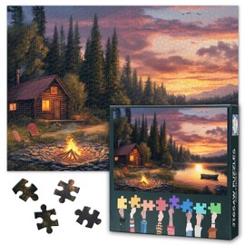 Lakeside Cabin Piece Jigsaw Puzzle for Adults Forest Twilight Puzzle Sets Educational Family Entertainment Challenging but Fun Artwork Puzzle Home Decoration for Bedroom(27.5x19.7in)