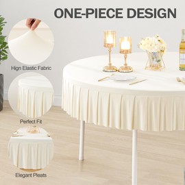 2 Pack Ivory Spandex Round Tablecloths 60 inch, Stretchy Fitted 5FT Table Cloths Wrinkle Free Round Table Covers with Skirt for Wedding Banquet Birthday Party Buffet Restaurant