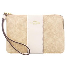 Coach FCW854 CW854 Signature Coated Canvas Leather Corner Zip Wristlet Accessory Pouch Women's [Outlet Product], Sand x Chalk