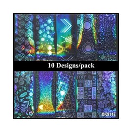 Generic Laser Geometric Figure Flower Leaf Heart Nail Foil Transfer Sticker 10 Pcs Xk9117 Nail Wraps Art Stickers Manicure Supplies for Women for Home Nails Full Long Lasting Easy Apply and Remove