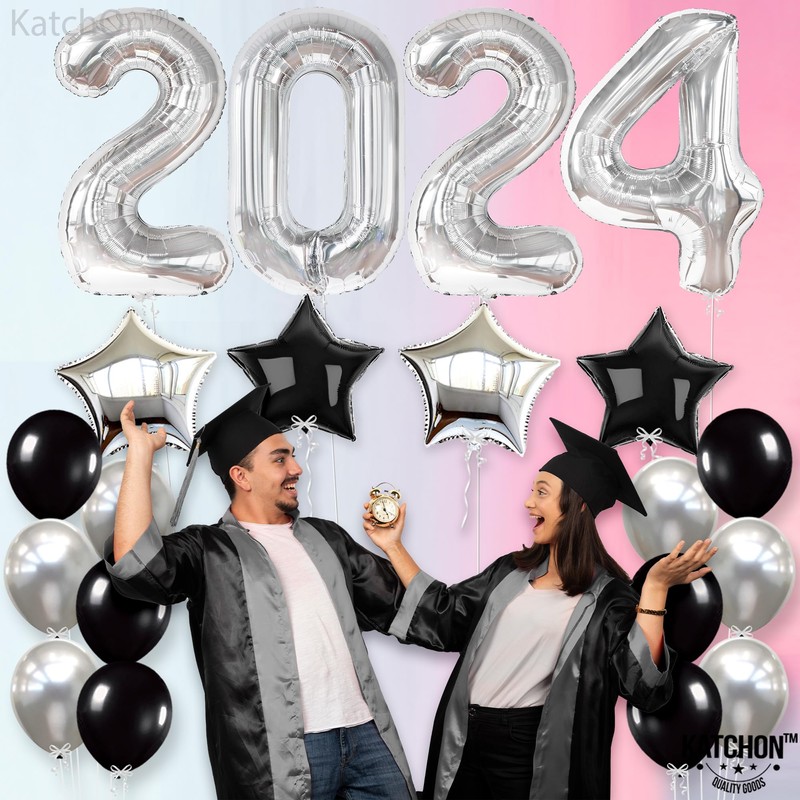 Silver 2024 and Star, Black and Confetti Balloons