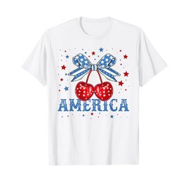 America Cherries Coquette Bow Cherry July 4th USA Flag Women T-Shirt