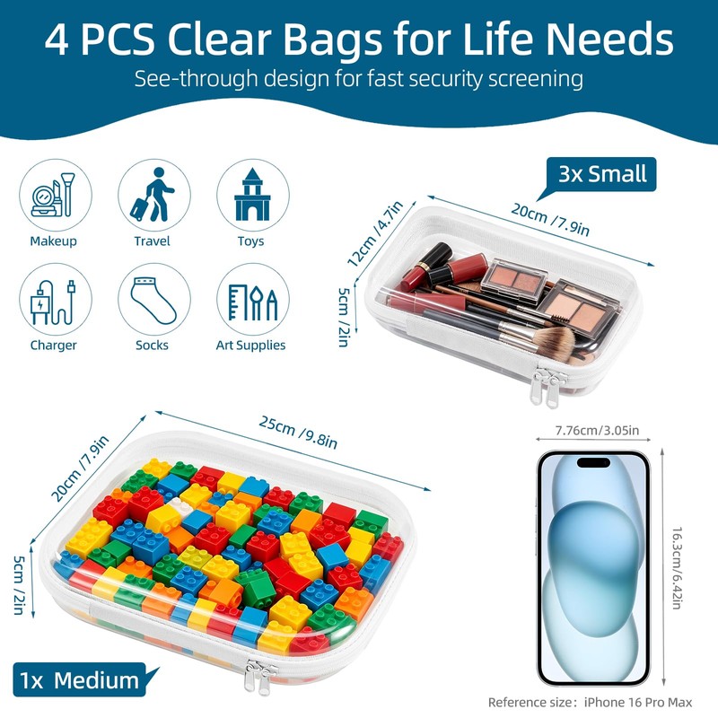 4 Pack Clear Bags Hard Shell Zipper Case for Pencil