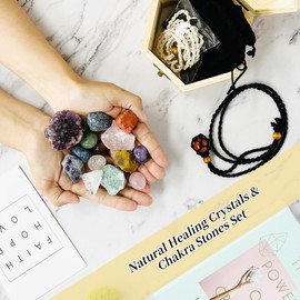 21 PCS Natural Healing Crystals & Chakra Stones Set for Reiki, Meditation, Spiritual Energy – Raw Gemstones Kit with Wooden Gift Box, 7 Chakra Stones for Beginners & Women (Rose Quartz Included)