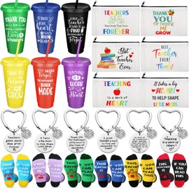 Funnymoom 24 Pcs Teacher Appreciation Gift from Students 2025 Graduation Gifts Bulk 24 oz Plastic Tumbler Cup Teacher Makeup Cosmetic Bag with Zipper Crew Sock and Keychain for Retirement(Vibrant)