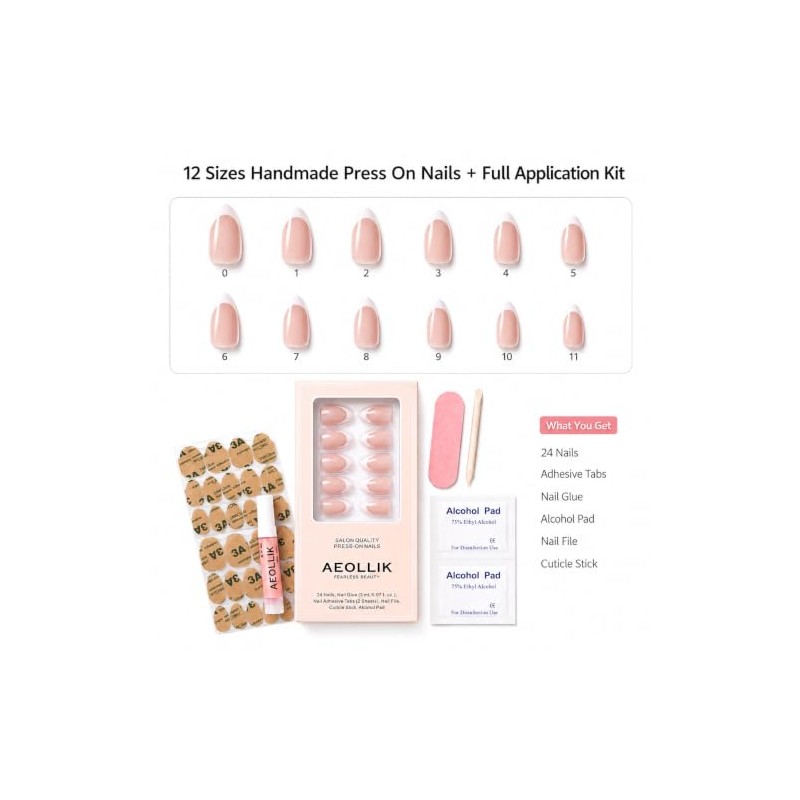 Aeollik Uñas postizas hechas a mano, cortas, almendradas, blancas, con