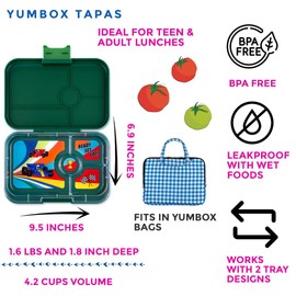 Yumbox Tapas 4-Compartment Bento Lunch Box, Large Size, Perfect for Sandwiches, Eco-friendly, Leakproof (Greenwich Green- Race Cars Tray)