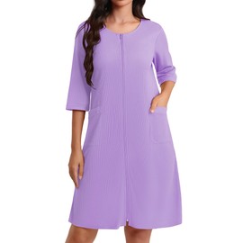 Ekouaer Zip Up Robes for Women Waffle Bathrobe House Dress Lightweight Knee Length Robe(Lavender,Large)