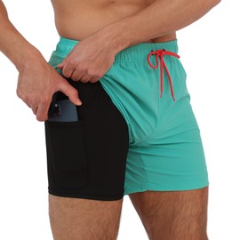 Arcweg Men's Swimming Trunks with Compression Swimming Shorts 2 in 1 Quick-Drying Swimming Trunks 5.5 Inch Swimming Trunks with Inner Shorts Zip Pocket Swimming Shorts S - XXL, See Green