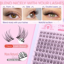 Natural Lash Clusters Kit Clear Band Wispy Cluster Eyelash Extensions Thin Invisible Band Lash Extension Kit 8-16mm Eyelashes Individual Lashes with Clear Bond and Seal Lash Tweezers by CORUSCATE