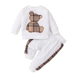 PATPAT Baby Boy Clothes Baby Girl Sweatshirt Pant Sets Newborn Fall Winter Long-sleeve Bear Embroidered Outfit OffWhite 3-6 Months
