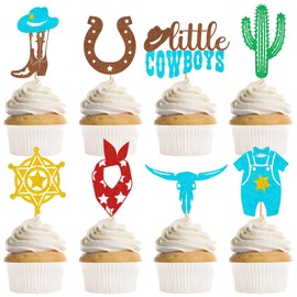 24 Pcs Cowboy Baby Shower Decorations Cupcake Toppers, a Little Cowboy is on the Way Baby Shower Cupcake Picks, Western Rodeo Farm Theme Party Supplies (8 Designs)