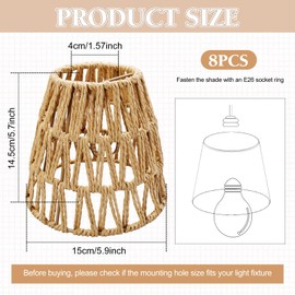 LECEHIVO 8 Pcs Small Rattan Bell Lamp Shade 5.9 x 5.7 Inch Handwoven Wicker Chandelier Barrel shades Boho Replacement Shades for Pendant, Table, Floor, and Sconce Lamps (Fitter 1.57")