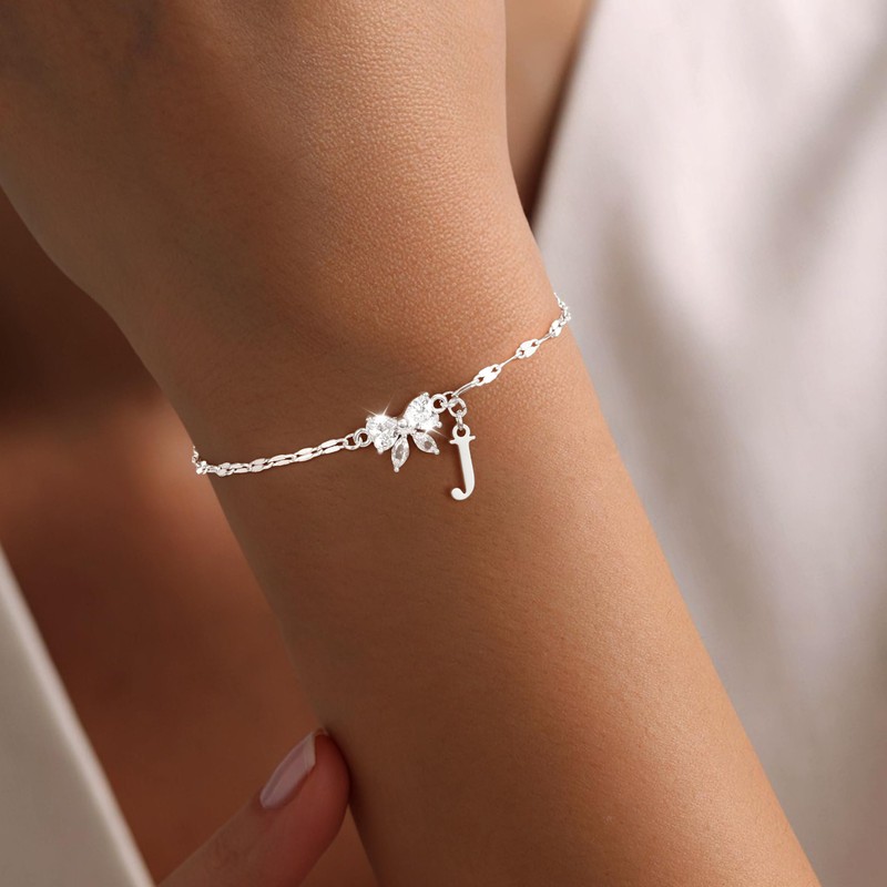 Initial Bracelets for Women Girls Sterling Silver Bufferfly Bracelets