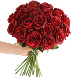 Tifuly - Flores artificiales de rosas rojas, 12 piezas rosas falsas realistas de tallo largo, flores de seda sintética para ramos de bricolaje, centros de mesa de boda, arreglos para decoración del