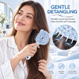 Bear-Shaped Self Cleaning Hair Brush, Curved Vented Design, Blue
