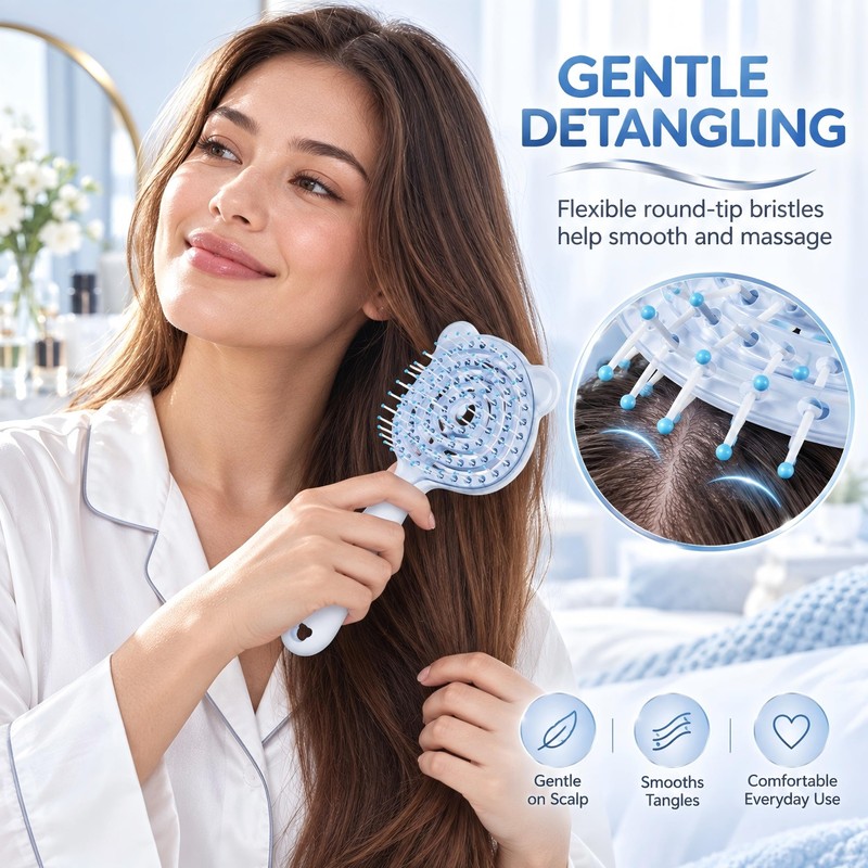 Bear-Shaped Self Cleaning Hair Brush, Curved Vented Design, Blue