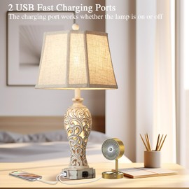 Reyokale Set of 2 Rustic Table Lamps for Living Room Bedroom, Farmhouse Vintage Nightstand Lamp with 2 USB Ports, Hollow Out Resin Lamp for End Table with Nightlight, Bulbs Included (Wash White)