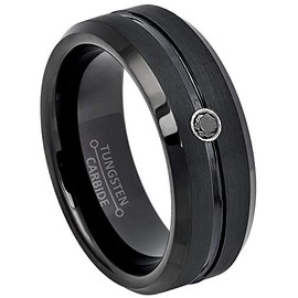 Jewelry Avalanche 8MM Brushed Finish Black IP with Grooved Center Beveled Edge Tungsten Carbide Wedding Band - 0.07ct Black Diamond Tungsten Ring -10.5