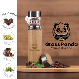 Bamboo Hot Tea Travel Tumbler with Strainer Infuser, Loose Leaf Tea Bottle - 16 oz Vacuum Insulated Stainless Steel Thermos/Coffee Travel Bottle/Hot and Cold Water/Leak Proof/Gift Ready