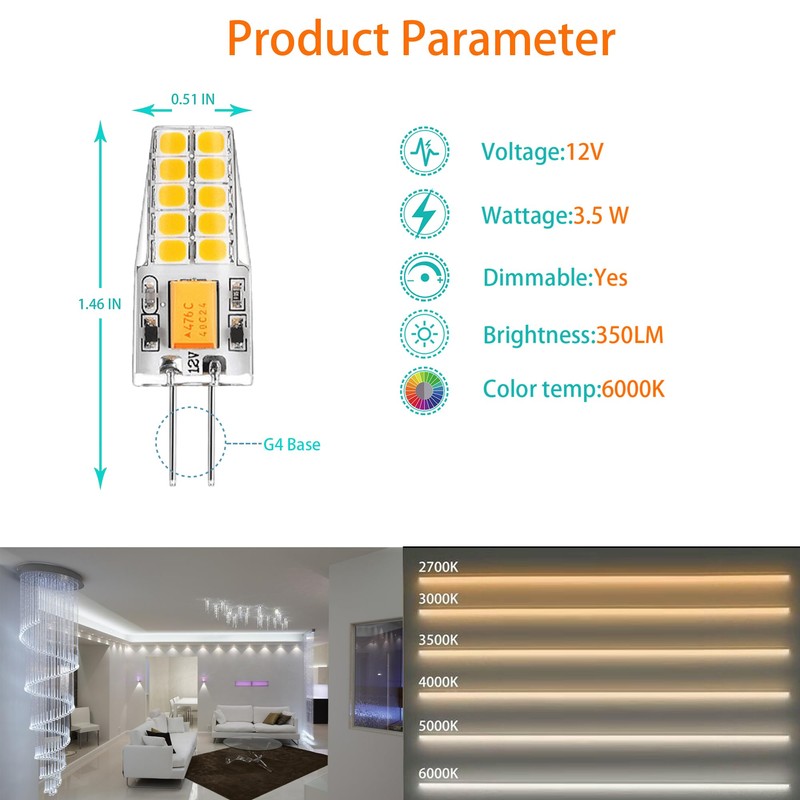 G4 LED Bulb 3.5W AC/DC 12V Dimmable JC Bi-Pin Base