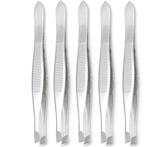 Luxxi (5 Pack) Slant Tweezers - Precision Sturdy Stainless Steel Slant Tip Tweezers Hair Plucker for Hair and Eyebrows Personal Care (Silver Tone)