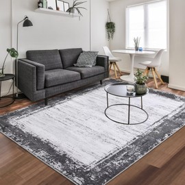 WESTLOOM Bordered Modern 8x10 Rug Machine Washable Area Rug Non-Slip Low Pile Indoor Area Rug Non-Shedding Living Room Rug Contemporary Distressed Throw Carpet Large Accent Rug Foldable Thin Rug Grey