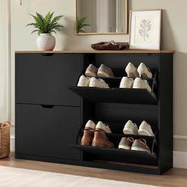 LUE BONA Shoe Cabinet with 4 Flip Flaps, Narrow 23 cm Depth, Closed Shoe Cabinet with Adjustable Dividers for Hallway, Entrance Area, 16 Pairs of Shoes, 110 x 23 x 80, Black + Natural Wood