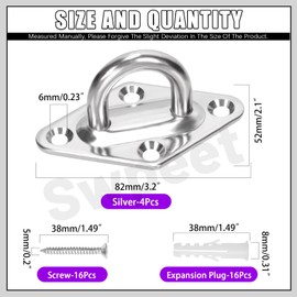 Swpeet 4Pcs M8 304 Stainless Steel Silver Rhombus Pad Eye Plate Hook with Screws and Plastic Anchors Assortment Kit, Marine Hardware Hooks Ceiling U Hook Staple Ring Hook for Securing Hanging