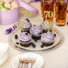 48 piezas de decoraciones para cupcakes de 70 cumpleaños, con purpurina, Hello 70 cupcakes, 70 fabulosas selecciones de setenta magdalenas para feliz cumpleaños 70, boda, aniversario, fiesta, decoración de pasteles, color dorado