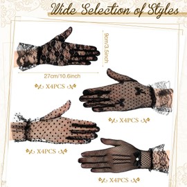 Cuffbow 16 Pairs Ladies Lace Gloves Women Tea Party Gloves Elegant Short Gloves Vintage Wedding Lace Wrist Gloves (Black)