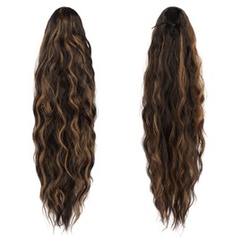 FESHFEN Long Curly Wavy Drawstring Ponytail Extensions Clip in Wavy Synthetic Hairpieces Black & Caramel Brown Drawstring Ponytail Curly Hair Piece Pony Tail Extension for Women, 26 inch