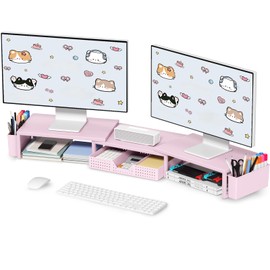 OPNICE Pink Desk Organizers and Accessories for Women, Dual Computer Monitor Stand Riser with Drawer and 2 Pen Holders, Office Desk Accessories, Workspace Desktop Organization for Office Supplies