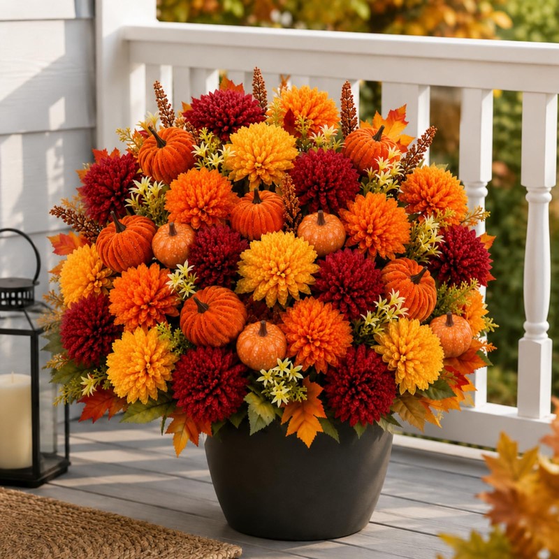 BobbleT 15 Pcs Fake Artificial Fall Mums with Pumpkin Picks,Faux