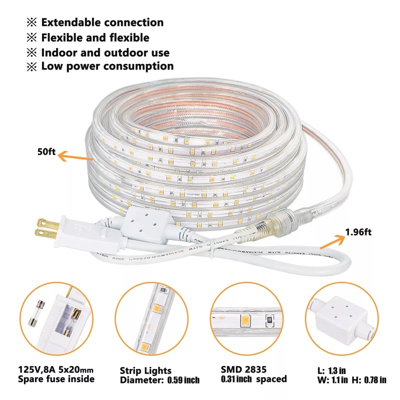 SURNIE LED Rope Lights Outdoor Waterproof Warm White, SURNIE 50ft