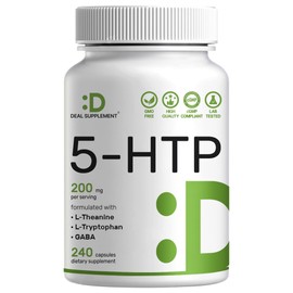 Deal Supplement 5-HTP 200mg Per Serving, 240 Capsules, 98% African Derived Griffonia Seed Extract | 4 in 1 Formula | Plus Active L Theanine, L Tryptophan, & GABA | Relaxation Support Supplement