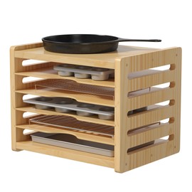 KUJIBGY 6 Tier Wooden Tray Dividers for Cabinets, Kitchen Vertical Cookie Sheet Organizer, Baking Trays Storage Rack for Baking Pans, Cutting Board
