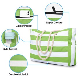 oscaurt Beach Bag Striped Tote Bag Swimming Bag Waterproof Beach Bag Large with Zip Shopper Bag Women's Beach Bag XXL Family Shopping Bag Shoulder Bag Plain Bag Travel Bag, grass green