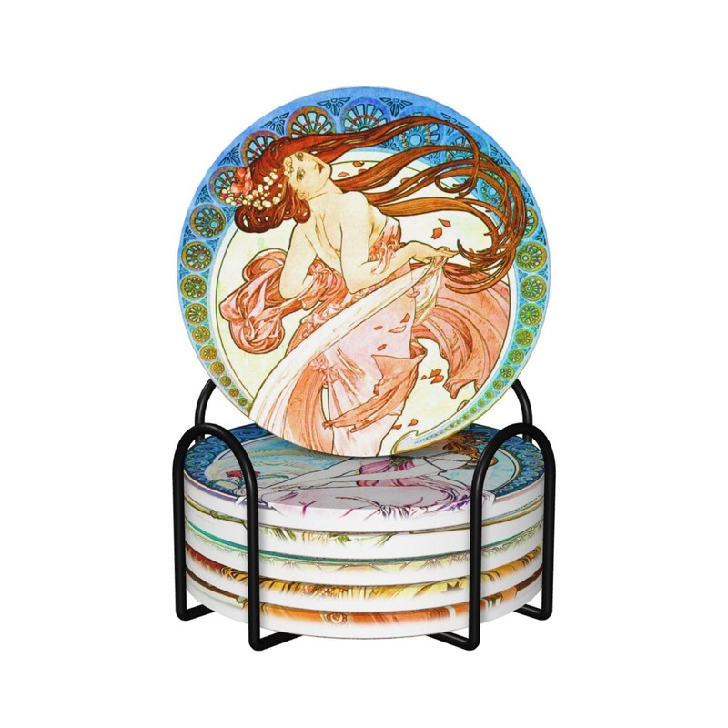 Alphonse Mucha Art Absorbent Coasters with Holder Set of 6,