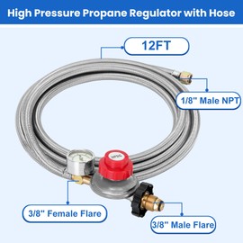 Micnce 0-30 PSI High Pressure Adjustable Propane Regulator with Gauge Hose, 12FT Stainless Steel Braided Hose, 3/8" Female Flare, 1/8" Male NPT, Connect 5-100LB POL Propane Tank